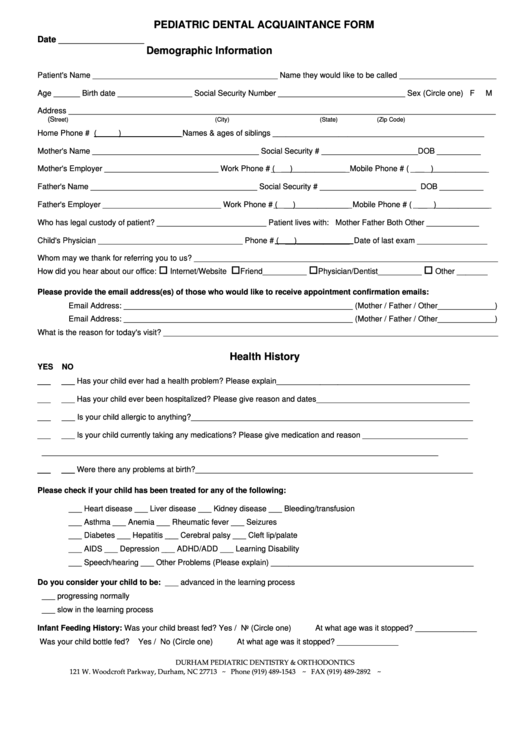 Pediatric Dental Acquaintance Form Printable Pdf Download