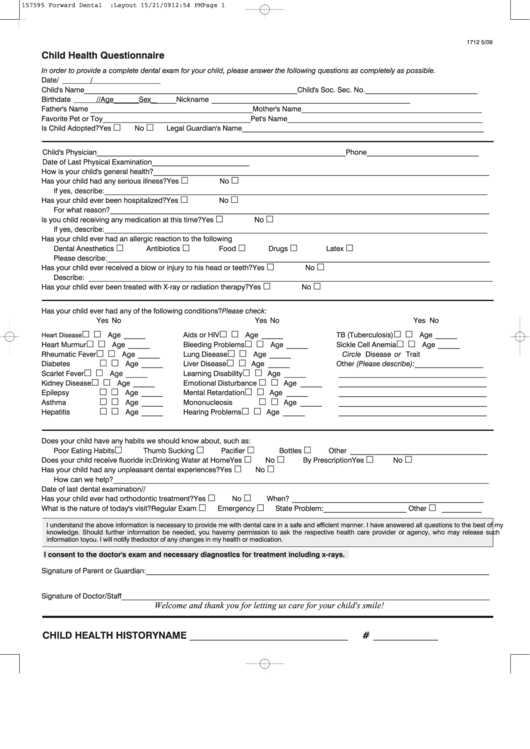 Child Health Questionnaire Printable pdf