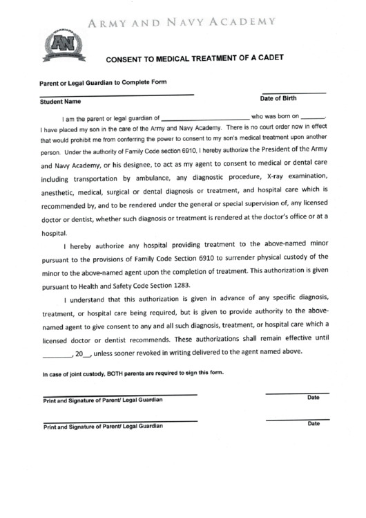 Consent To Medical Treatment Of A Cadet Printable pdf