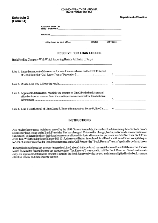 Form 64 - Schedule G - Bank Franchise Tax Printable pdf