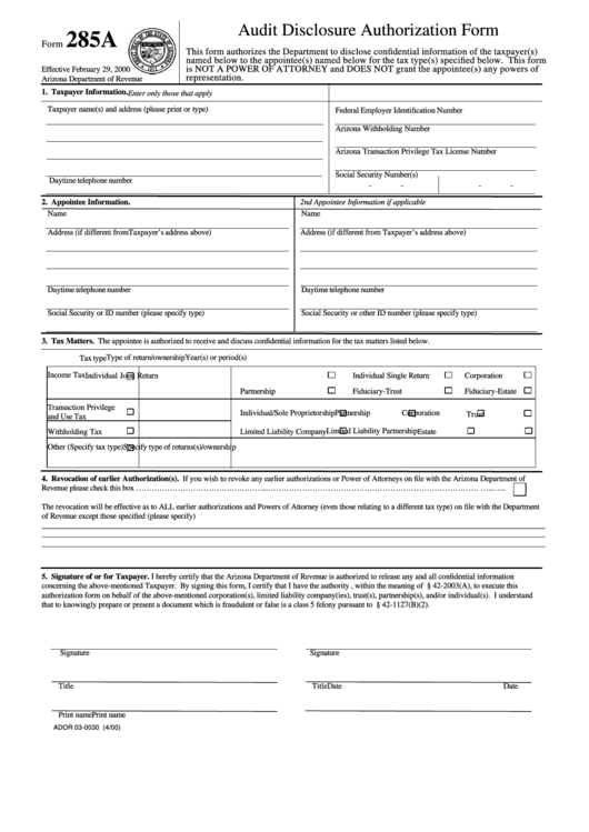 Fillable Form 285a - Audit Disclosure Authorization Form Printable pdf