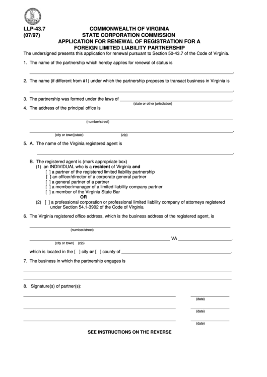 Form Llp-43.7 - Application For Renewal Of Registration For A Foreign Limited Liability Partnership Printable pdf