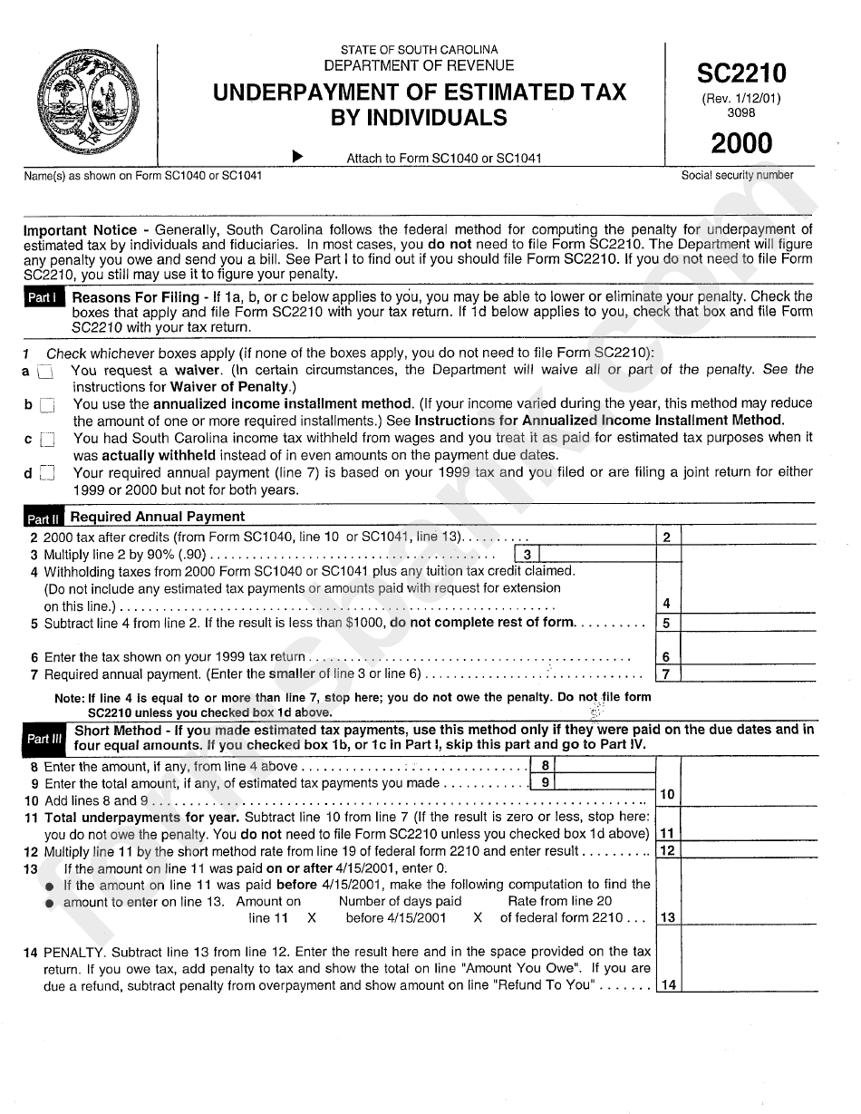 Form Sc2210 - Underpayment Of Estimated Tax By Individuals - 2000