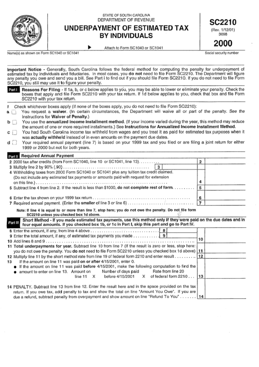 Form Sc2210 - Underpayment Of Estimated Tax By Individuals - 2000 Printable pdf