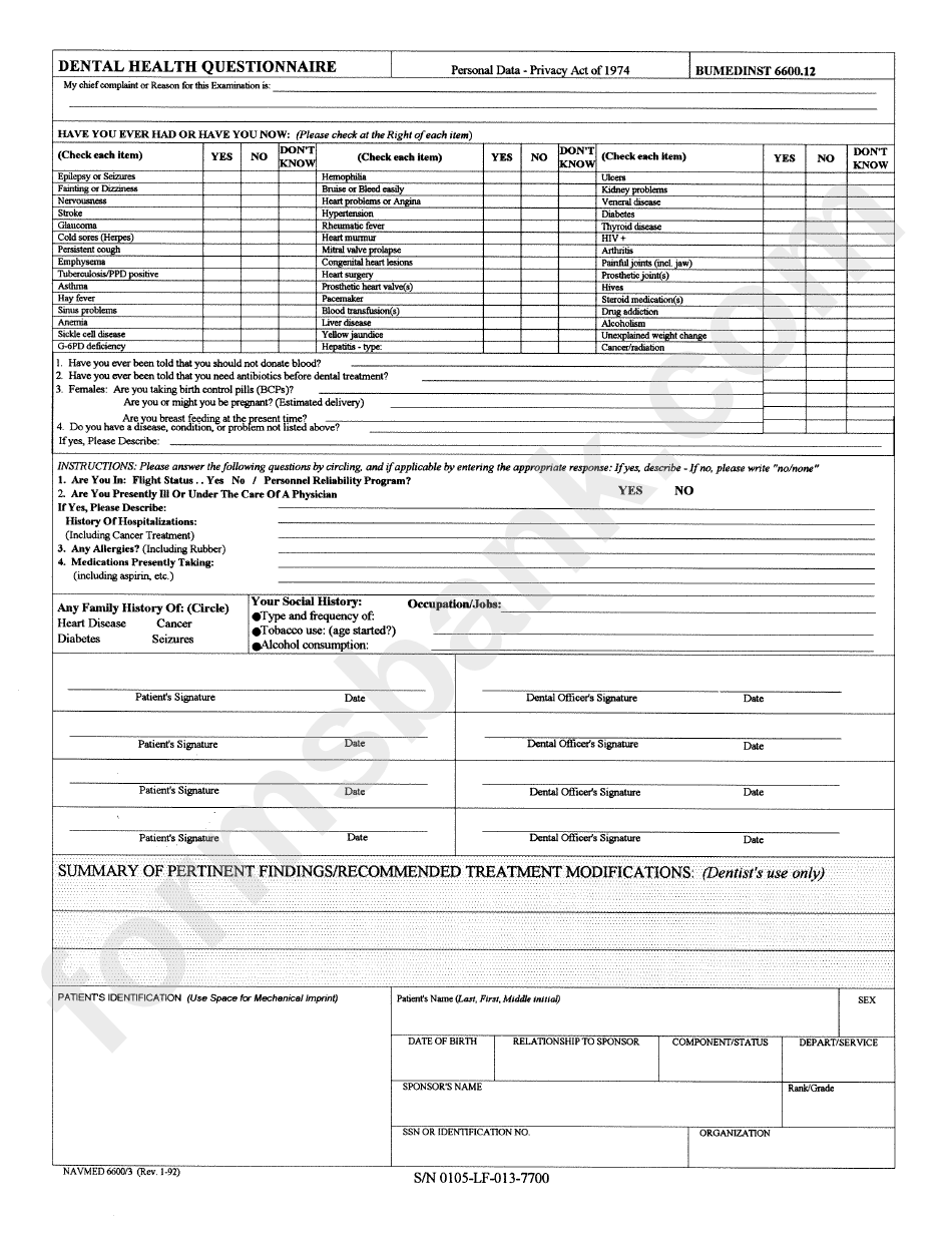 Form Navmed 6600/3 - Dental Heakth Questionnaire