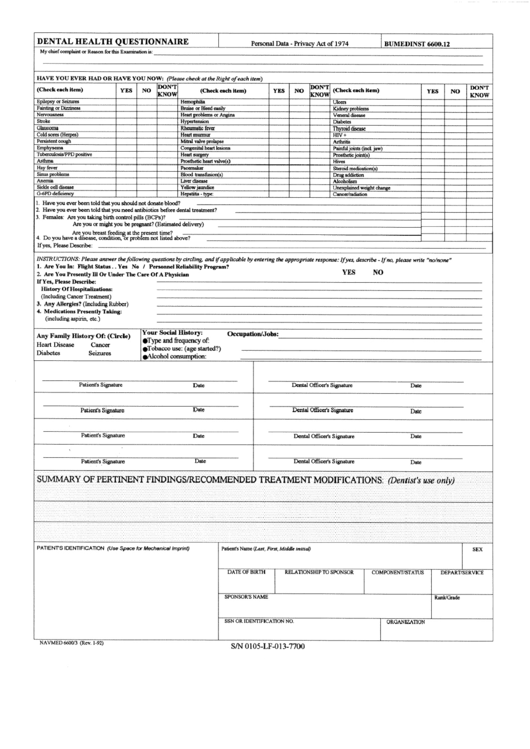 Form Navmed 6600/3 - Dental Heakth Questionnaire Printable pdf