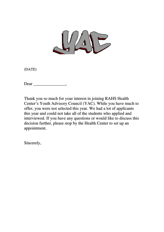 Rejection Letter Sample - Rahs Health Center