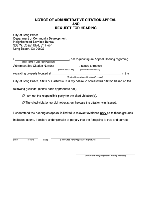 Notice Of Administrative Citation Appeal And Request For Hearing - City Of Long Beach Printable pdf