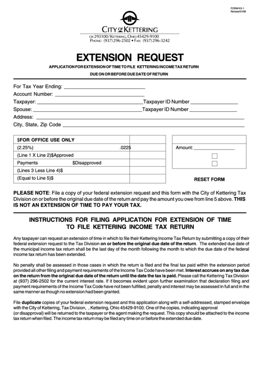 Fillable Form Kx-1 - Extension Request - City Of Kettering Printable pdf