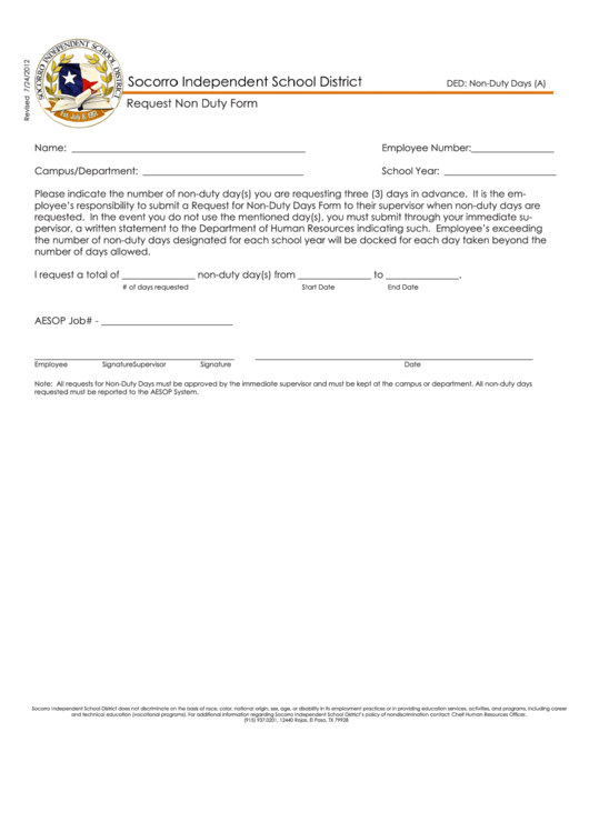 Request Non-Duty Form Printable pdf