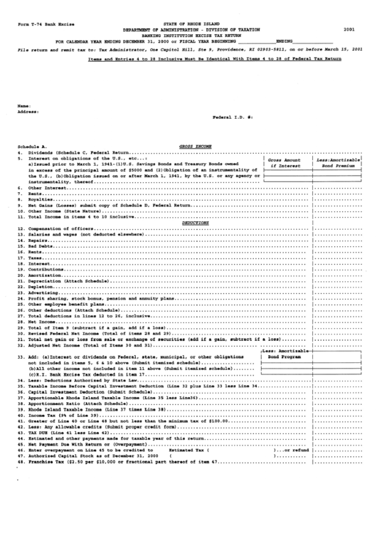 Form N-74 - Banking Institution Excise Tax Return - 2000 Printable pdf