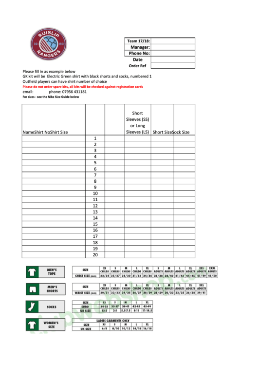 Ruislip Rangers Football Club - Clothing Size Charts Printable pdf