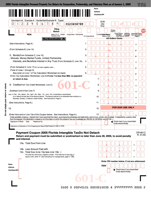 Form Dr 601c - Florida Intangible Personal Property Tax Return For Corporation, Partnership, And Fiduciary Filers - 2005 Printable pdf