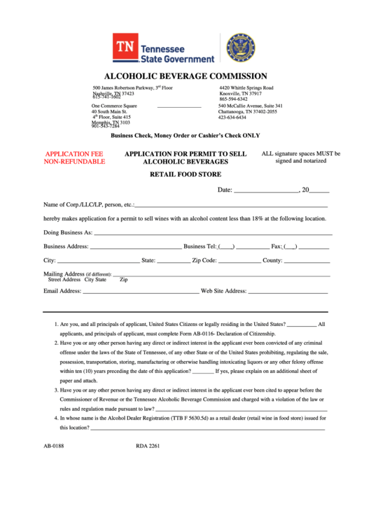Form B-0188 - Application For Permit To Sell Alcoholic Beverages Printable pdf