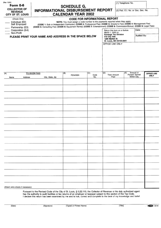 Form E-6 - Schedule G, Informational Disbursement Report - 2002 Printable pdf