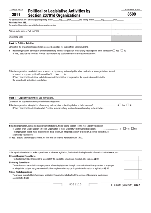 Fillable California Form 3509 - Political Or Legislative Activities By Section 23701d Organizations - 2011 Printable pdf