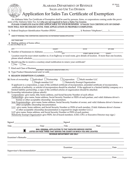 Form Ex-a1 - Application For Sales Tax Certificate Of Exemption