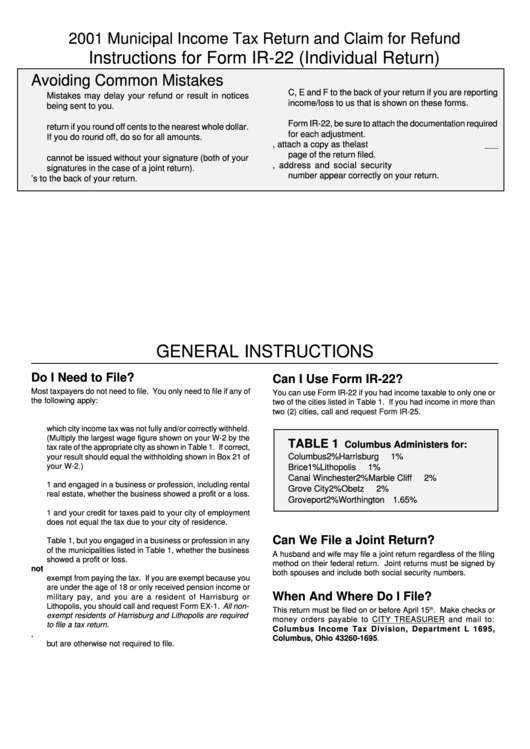 Municipal Income Tax Return And Claim For Refund Instructions For Form Ir-22 (Individual Return) - 2001 Printable pdf