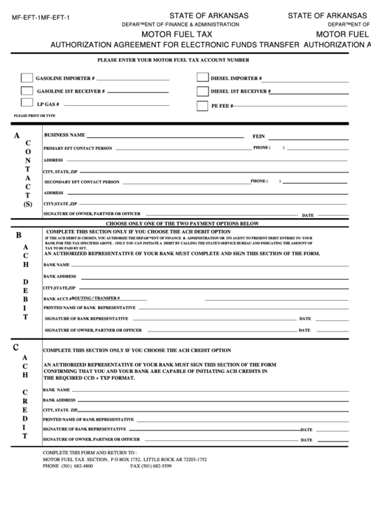 Fillable Form Mf-Eft-1 - Motor Fuel Tax Authorization Agreement For Electronic Funds Transfer Printable pdf