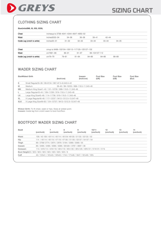 Greys Sizing Chart Printable pdf
