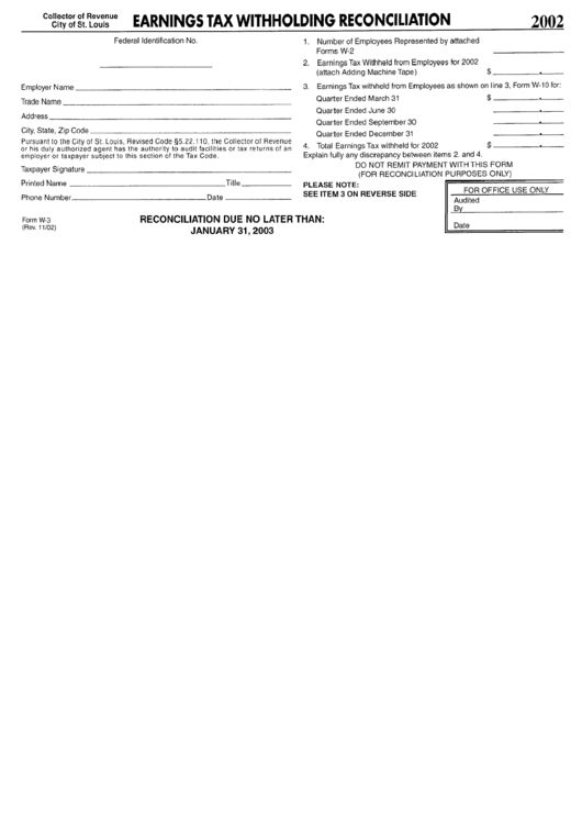 Form W-3 - Earnings Tax Withholding Reconciliation - 2002 Printable pdf