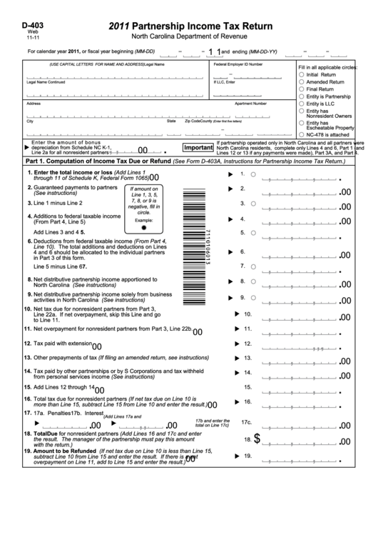 Form D-403 - Partnership Income Tax Return - 2011 Printable pdf
