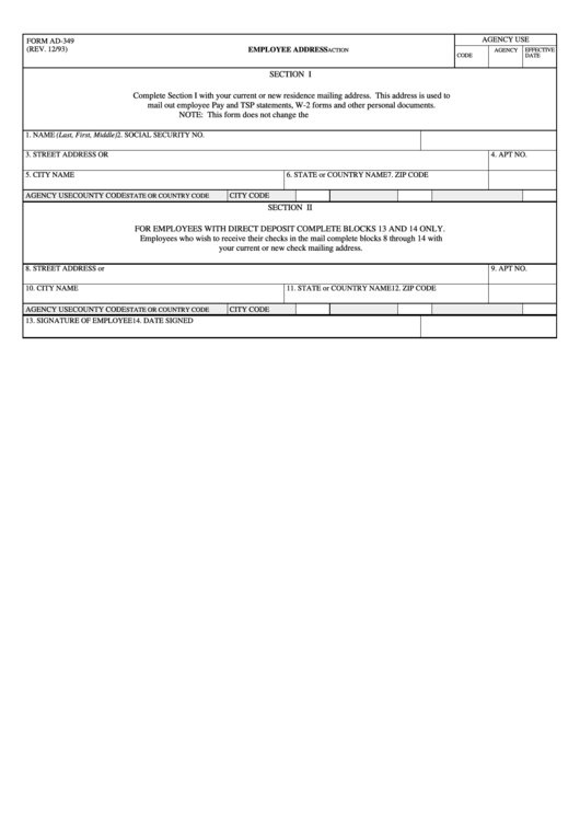 Fillable Form Ad-349 - Employee Address - U.s. Department Of Agriculture Printable pdf