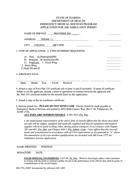 Form Dh 1576 - Application For Air Ambulance Permit - Florida Department Of Health Printable pdf