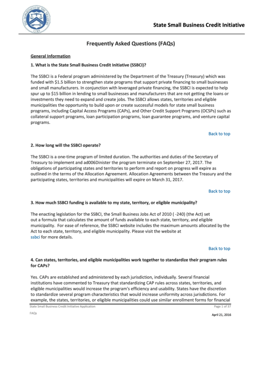 State Small Business Credit Initiative - Frequently Asked Questions (Faqs) - U.s. Department Of The Treasury Printable pdf