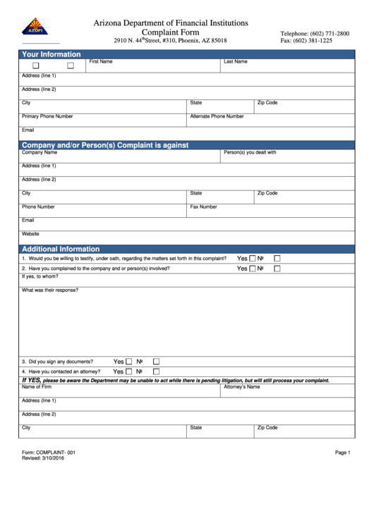 Form Complaint- 001 - Complaint Form - Arizona Department Of Financial Institutions