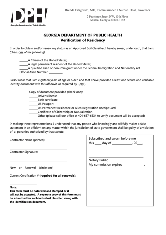 Verification Of Residency Form - Georgia Department Of Public Health Printable pdf