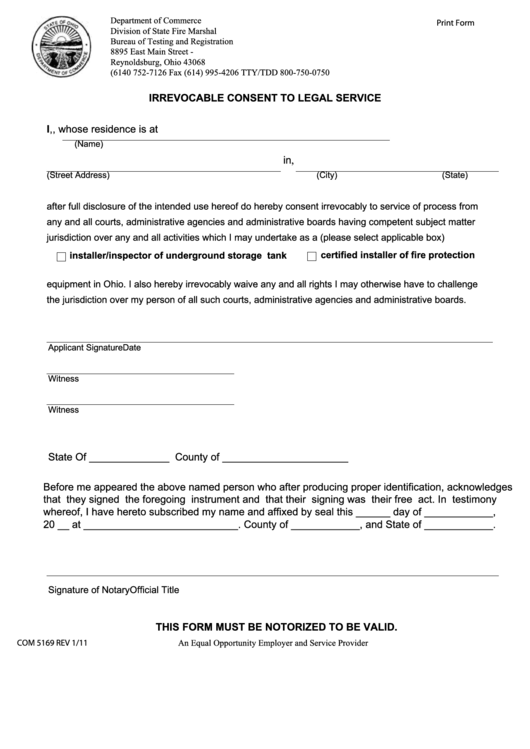 Form Com 5169 - Irrevocable Consent To Legal Service - Department Of Commerce Printable pdf
