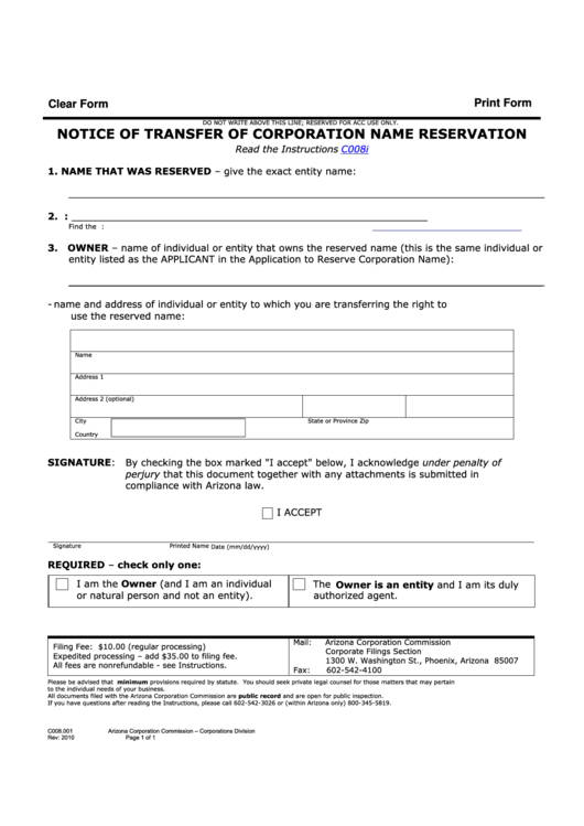 Fillable Form C008.001 - Notice Of Transfer Of Corporation Name Reservation - 2010 Printable pdf