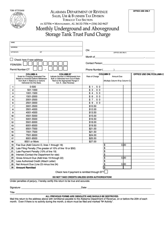 Fillable Form Tob-Sttfc - Monthly Underground And Aboveground Storage Tank Trust Fund Charge Printable pdf