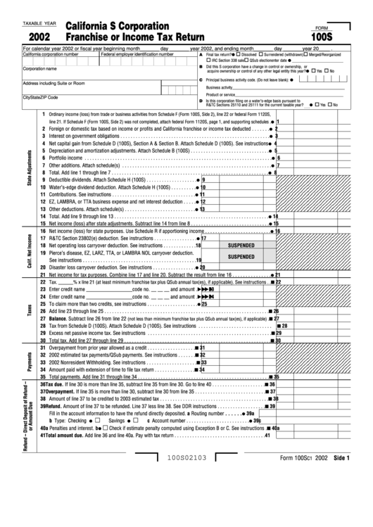 Form 100s - California S Corporation Franchise Or Income Tax Return - 2002 Printable pdf