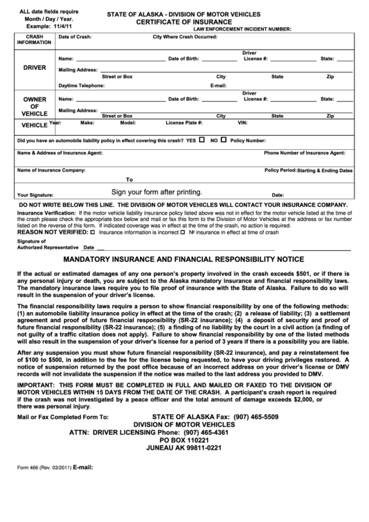 Fillable Form 466 - Certificate Of Insurance - Alaska Division Of Motor Vehicles Printable pdf