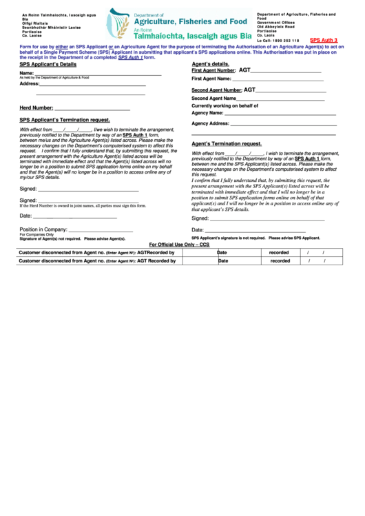 Form Sps Auth 3 - Authorisation Of An Agriculture Agent(S) Termination Form - Department Of Agriculture, Fisheries And Food Printable pdf