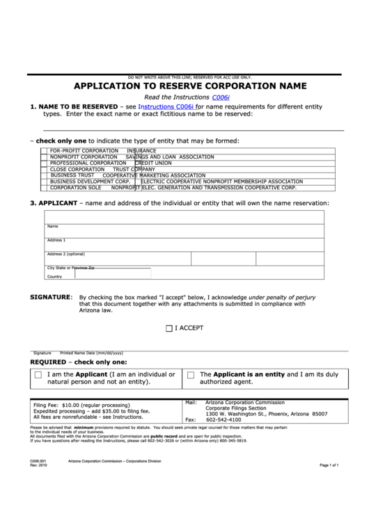 Fillable Form C006.001 - Application To Reserve Corporation Name - 2010 Printable pdf