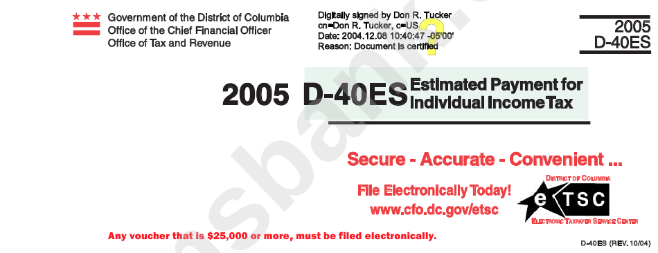 Form D-40es - Estimated Payment For Individual Income Tax Instructions - 2005