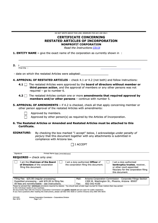 Fillable Form C013.001 - Certificate Concerning Restated Articles Of Incorporation Printable pdf