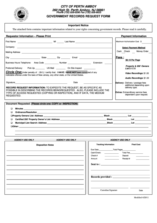 Government Records Request Form - City Of Perth Amboy Printable pdf