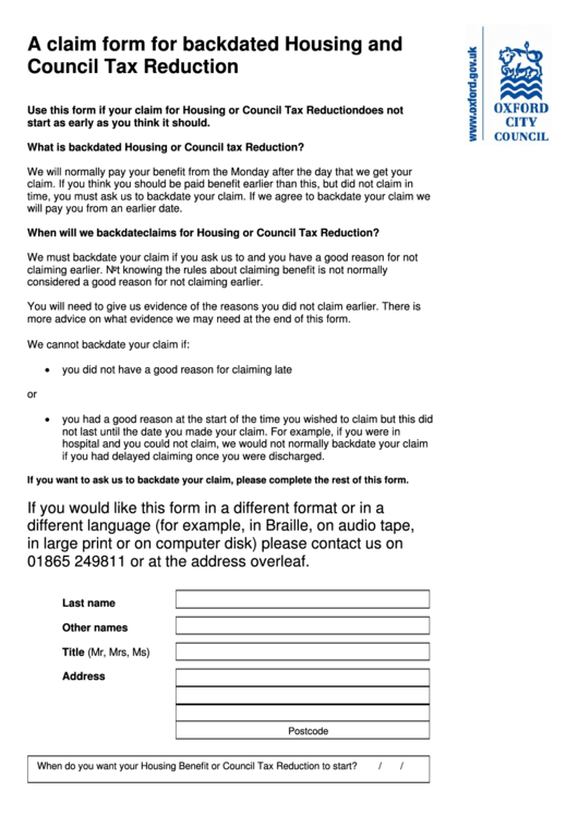 A Claim Form For Backdated Housing And Council Tax Reduction Printable pdf
