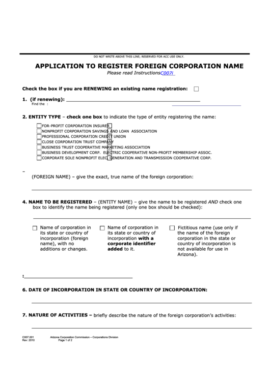 Fillable Form C007.001 - Application To Register Foreign Corporation Name Printable pdf
