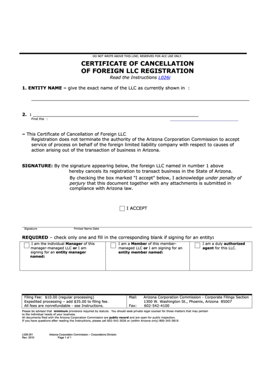 Fillable Form L026.001 - Certificate Of Cancellation Of Foreign Llc Registration Printable pdf