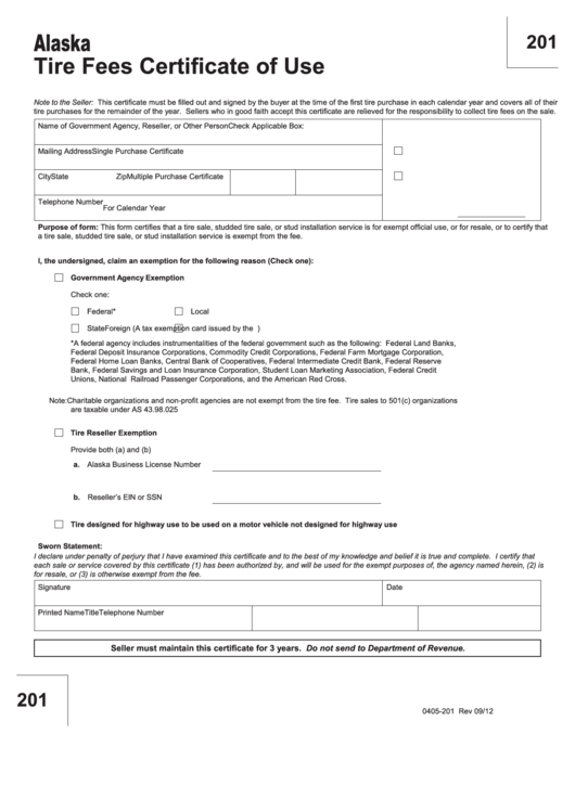Fillable Form 201 - Alaska Tire Fees Certificate Of Use Printable pdf