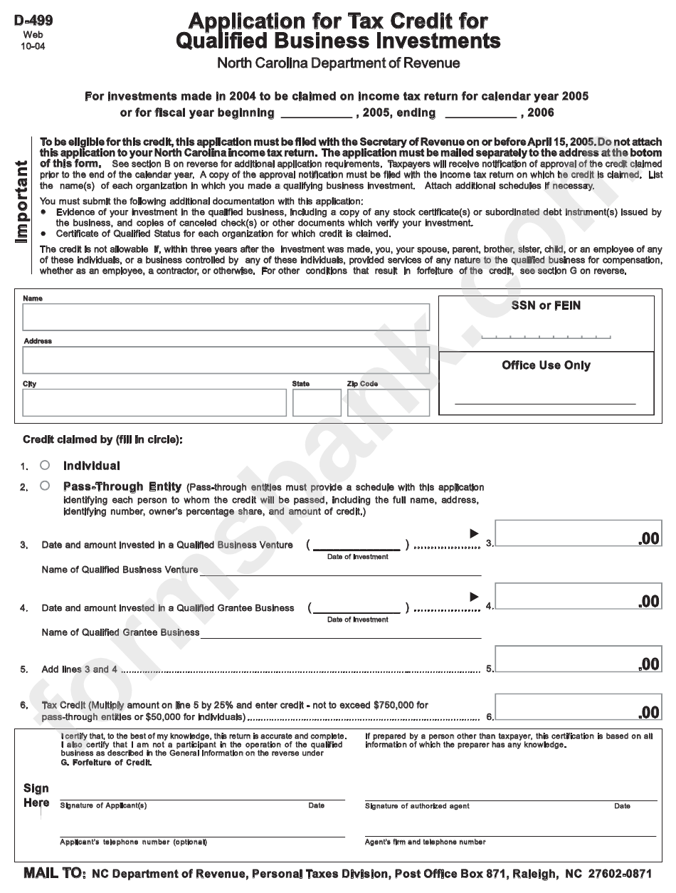 Form D-499 - Application For Tax Credit For Qualified Business Investments