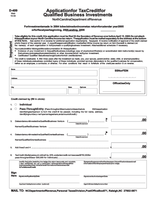 Form D-499 - Application For Tax Credit For Qualified Business Investments Printable pdf