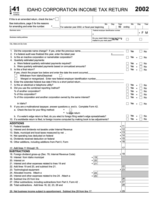 Form 41 - Idaho Corporation Income Tax Return - 2002 Printable pdf