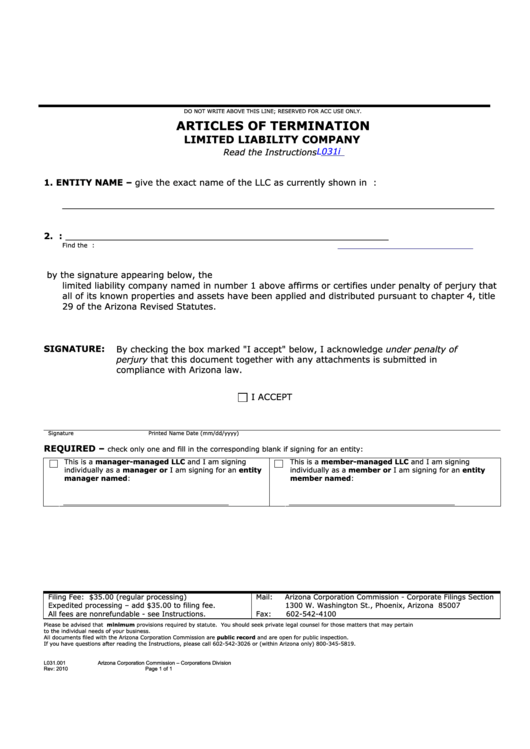 Fillable Form L031.001 - Articles Of Termination Limited Liability Company - 2010 Printable pdf
