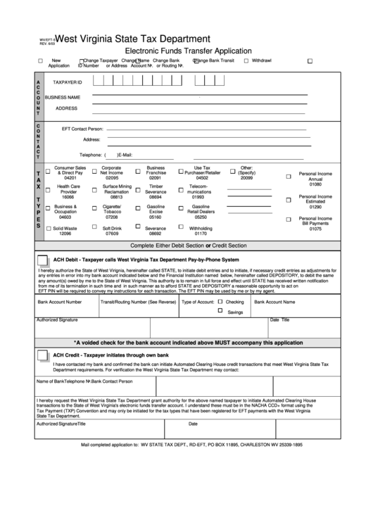Form Wv/eft-5 - Electronic Funds Transfer Application - West Virginia State Tax Department Printable pdf